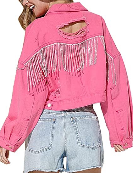 Womens Ripped Crop Rhinestone Fringe Denim Jacket Casual Cowgirl Tassel Jean Coat